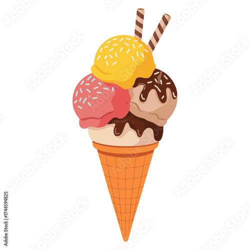 Cartoon style ice cream cone vector illustration representing sweet summer dessert and frozen treat ideal for food designs, illustration projects, and creative artwork