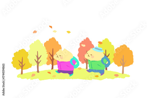 秋のハイキングを楽しむ可愛い猫のベクターイラスト素材