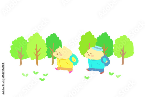 新緑のハイキングを楽しむ可愛い猫のベクターイラスト素材