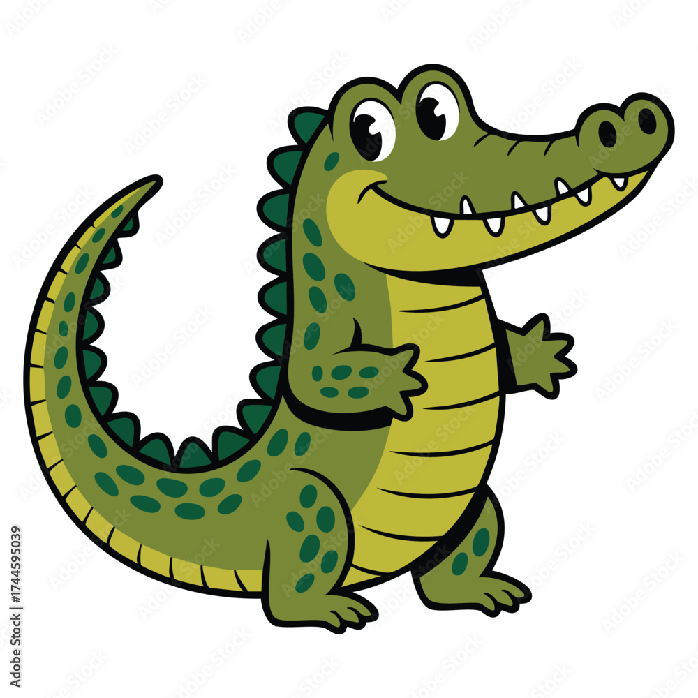 Naklejka premium Crocodile cartoon illustration vector with green scales smiling big grin perfect for playful kids wildlife education jungle themed content and creative artwork