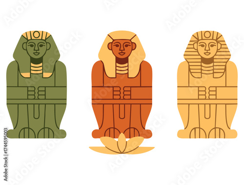 Collection of Egyptian coffins green orange and beige tombs for pharaohs vector illustration isolated ideal for archeology paleontology and ancient relic designs