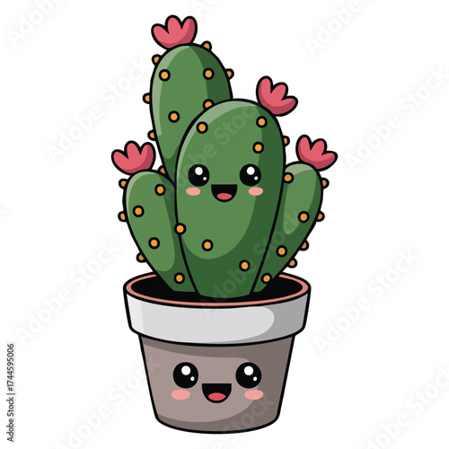 Cute cactus green with pink flowers in smiling pot minimalist vector illustration isolated design perfect for playful decor or creative artwork themes