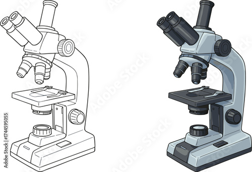 Scientific microscope illustration, laboratory equipment drawing, dual eyepiece optics, educational biology tool, medical research instrument, realistic and schematic comparison design