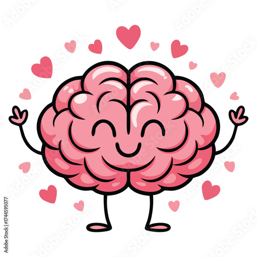 Falling in love brain vector illustration with hearts flying cute character ideal for romantic imagination relaxation self love and emotional wellbeing visuals