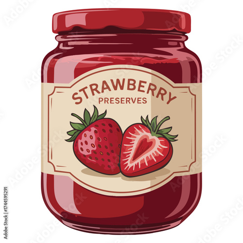 Glass jar of preserved strawberry jam berry confiture vector illustration showing bottle with lid perfect for homemade sweet dessert cooking food harvest and berry meal
