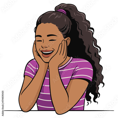 Happy cheerful female character vector illustration leaning her head on hands young woman relaxing thinking eyes closed concept of girls poses everyday life flat cartoon