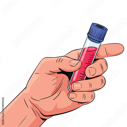 Hand holding test tube with blood vector illustration ideal for virus testing laboratory medical research and health science educational design