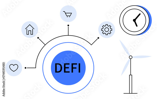 DEFI in central node linked to home, shopping cart, gear, heart. Clock and wind turbine signify time, sustainability. Ideal for finance, technology, future concepts clean energy connectivity