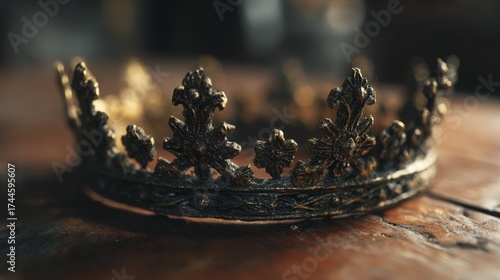 low key image of beautiful queen or king crown over wooden table. vintage filtered. fantasy medieval period