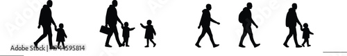 Silhouette of parent and child walking together, family bond, childhood independence, reunion, parenting concept, emotional connection, guidance, love, support, care