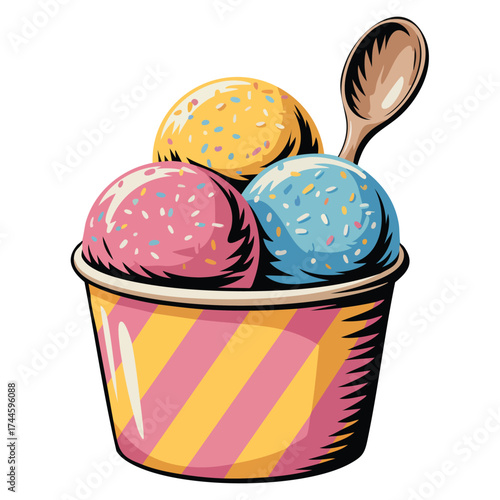 Multicolored ice cream balls in glass with wafer rolls vector illustration suitable for social media stickers, dessert, delicacy, gourmet, and cartoon flat artwork