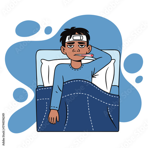 Seasonal allergy or flu concept vector illustration of young sick man in bed with thermometer perfect for cold, fever, treatment, rest, and cartoon flat artwork