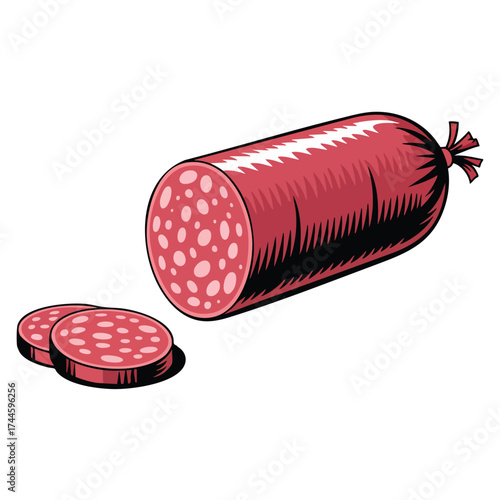 Semi finished meat product vector illustration with colorful salami sausage isolated sticker perfect for cooking pizza or other delicious food and ingredient designs
