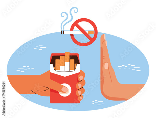 Stop smoking concept vector illustration hand refusing cigarettes motivational banner or poster perfect for health care active lifestyle and strong mentality