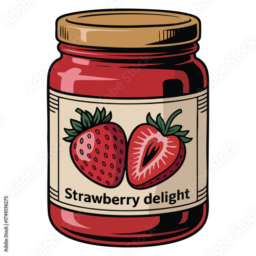 Strawberry jam glass jar vector illustration showing preserved berry confiture in bottle perfect for cooking food dessert homemade harvest and sweet meal designs