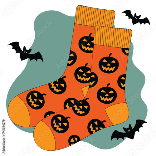 Stylish socks with print orange socks featuring sinister pumpkins vector illustration suitable for Halloween clothing accessory and social media design
