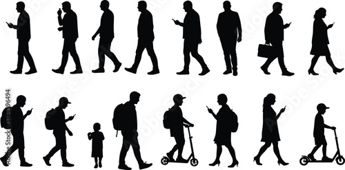 Silhouettes of people using smartphones, walking, commuting, children on scooters, modern lifestyle, digital addiction, technology dependence, urban life, distraction, posture