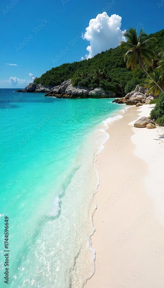 Fototapeta premium Serene Secluded Cove Pristine White Sand Beach, Turquoise Water, Tranquil Escape