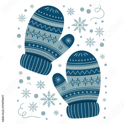 Vector illustration of Christmas Scandi blue mittens ideal for winter warm clothing accessories New Years Christmas templates layouts mock up or flat design