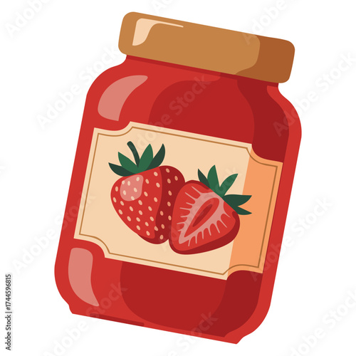 Vector illustration of glass jar with strawberry jam berry confiture ideal for homemade sweet meal cooking dessert food harvest and berry product designs
