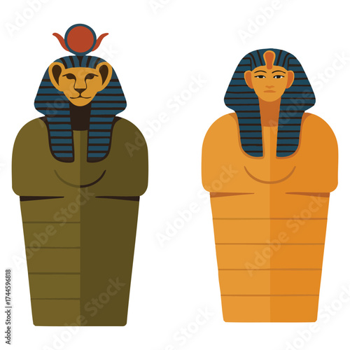 Vector illustration of Egyptian coffins collection in green orange and beige tombs for pharaohs isolated on white background suitable for archeology and relic themes
