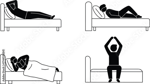 Sleeping positions illustration, man resting on bed, healthy sleep posture, morning stretching routine, relaxation concept, bedroom lifestyle, wellness and comfort