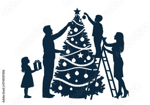 Silhouette of a family with kids decorating a Christmas tree. Family celebration christmas. Christmas celebration silhouette. Christmas tree with family. 