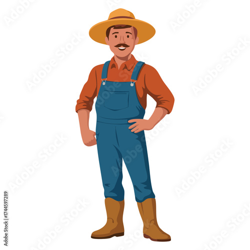 Vector illustration of smiling farmer in hat overalls standing clean represents agriculture tradition rural charm perfect for farming education lifestyle and themed designs