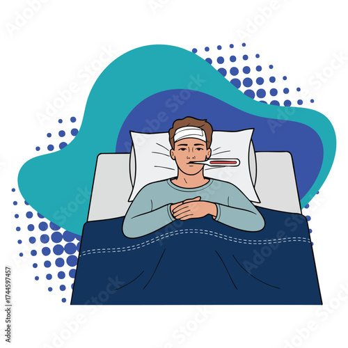 Vector illustration of young man sick in bed with thermometer representing seasonal allergy, flu, fever, or treatment ideal for cartoon flat health awareness designs