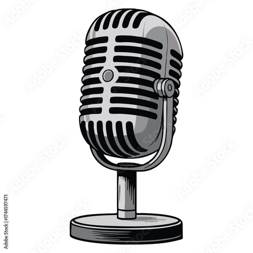 Vintage style gray microphone vector illustration isolated perfect for presentation news podcast karaoke show or retro style music and audio creative designs