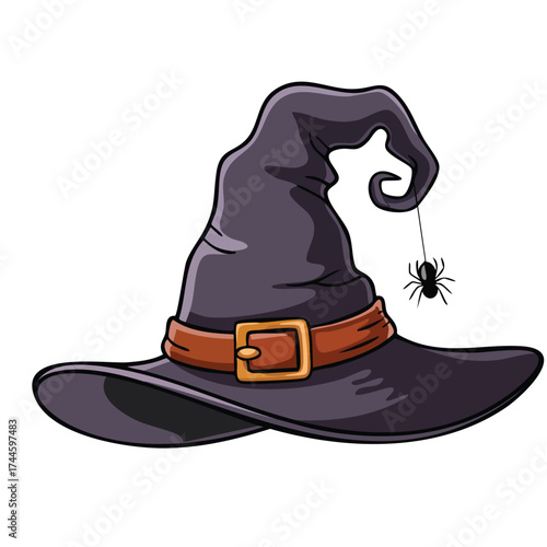 Witch hat with spider vector illustration design element perfect for halloween spooky decoration costume party or fantasy themed cartoon artwork