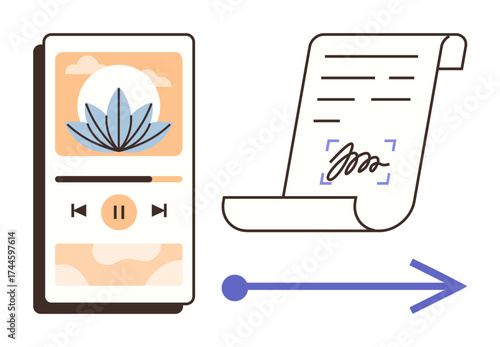 Mobile interface with media player and lotus graphic, electronic signed contract, arrow symbol. Ideal for digital content, e-documents, e-signature, workflow, productivity, modern technology simple