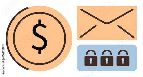 Dollar sign coin, envelope, and three locks symbolize payment security, private messaging, and data encryption. Ideal for finance, privacy, cybersecurity, fintech confidential data email security