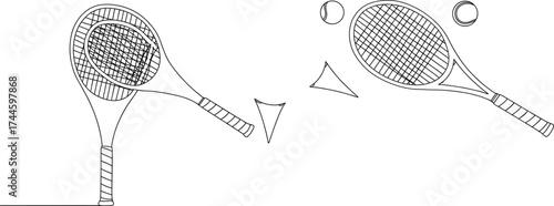 Tennis rackets illustration, tennis balls sketch, sports equipment drawing, active game concept, motion design, athletic competition, fitness lifestyle, recreation art