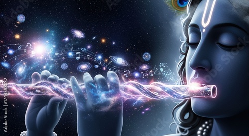 Lord krishna playing his flute amidst a cosmic galaxy, emanating divine energy and stardust