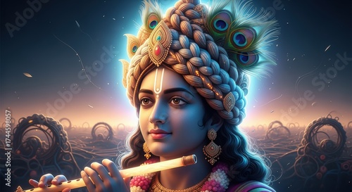 Lord krishna playing his flute with a peacock feather crown, a divine hindu deity