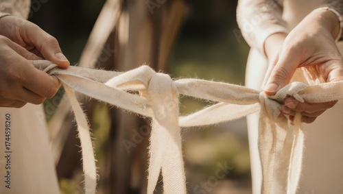 Two individuals' hands tying a cream-colored ribbon, close up. Soft focus background
