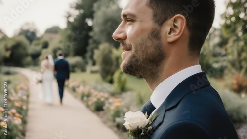 A groom, smiling, in formal attire, watches bride walk down path, garden background