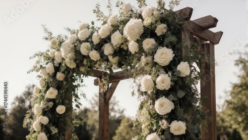 Rustic wooden archway adorned with creamy roses and greenery, bathed in soft sunlight