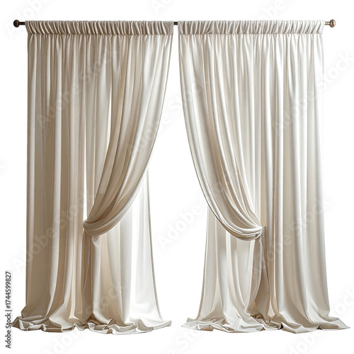 Ivory-toned, flowing curtains on a rod, pulled back with fabric ties, against a black background