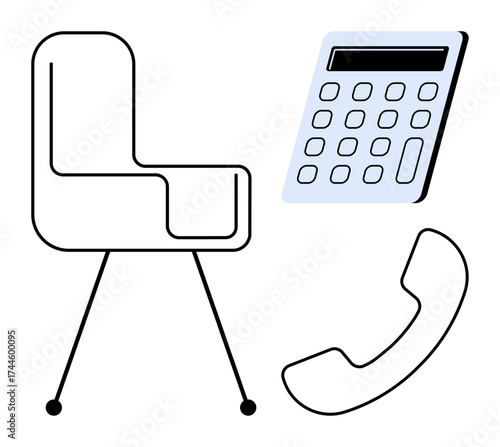 Modern office chair, calculator, and telephone visualizing workplace efficiency and collaboration. Ideal for office environment, productivity, communication, task management, remote work, minimalism