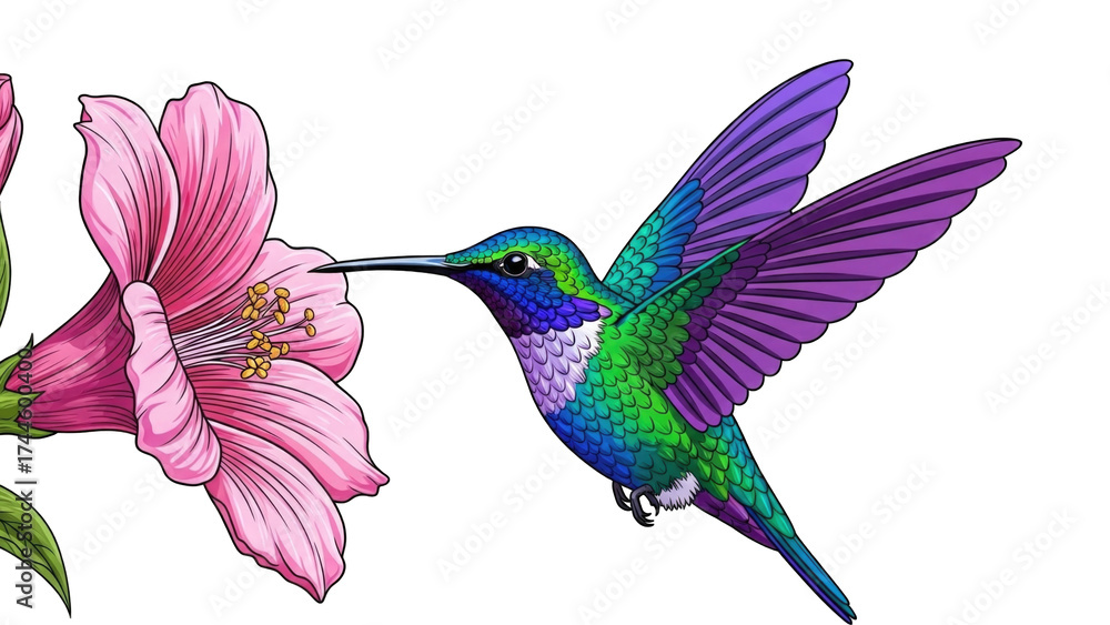 Fototapeta premium hummingbird with purple, blue, and green feathers feeding on nectar from a large pink flower.