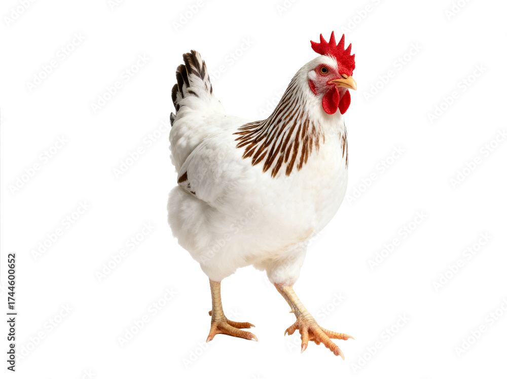 Fototapeta premium A white and brown chicken with a red comb is standing alone, showcasing its feather and posture.