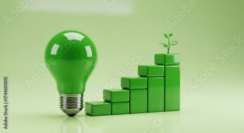 Green Bulb with Growth Staircase Represents Eco Innovation for Businesses to Succeed on Sustainable Development Goals