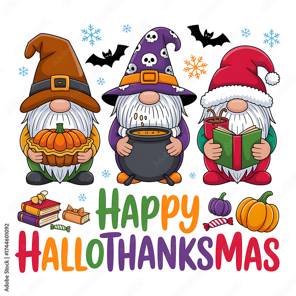 Fototapeta premium Three Gnomes Celebrate Hallothanksmas With Treats Keywords: gnomes, hallothanksmas, holiday