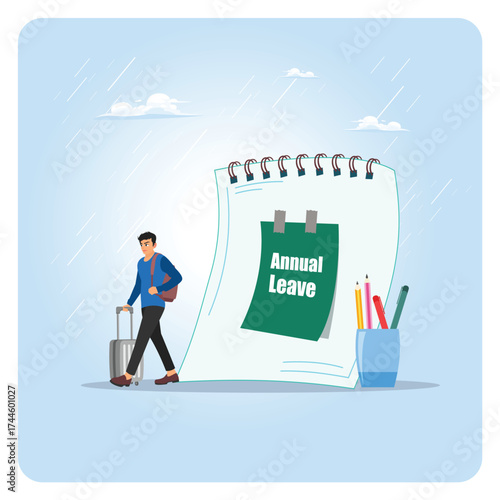 Annual leave concept. Employee man take day off or vacation to rest and relax from hard work.