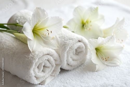 Rolled up white towels with white flowers isolated on white background