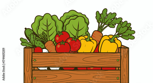 A vibrant collection of fresh, healthy vegetables, including crisp lettuce, ripe tomatoes, and colorful bell peppers, neatly arranged in a rustic wooden crate.