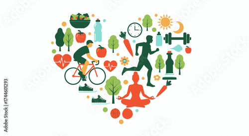 A vibrant vector illustration depicting a heart shape composed of healthy lifestyle elements, including exercise, yoga, fresh vegetables, and sunny weather, symbolizing wellness.