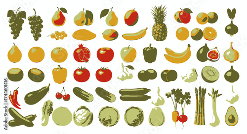 A vibrant vector illustration showcases a diverse collection of fresh fruits and vegetables, perfect for healthy eating, culinary projects, and design needs with a png background.
